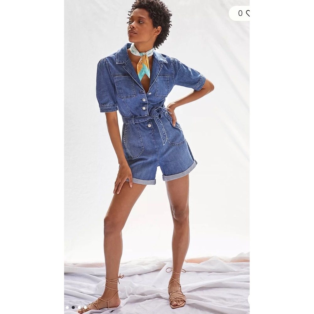 PAIGE Mayslie Denim Romper Puff Sleeve Utility Belted Jumpsuit Womens Size 4